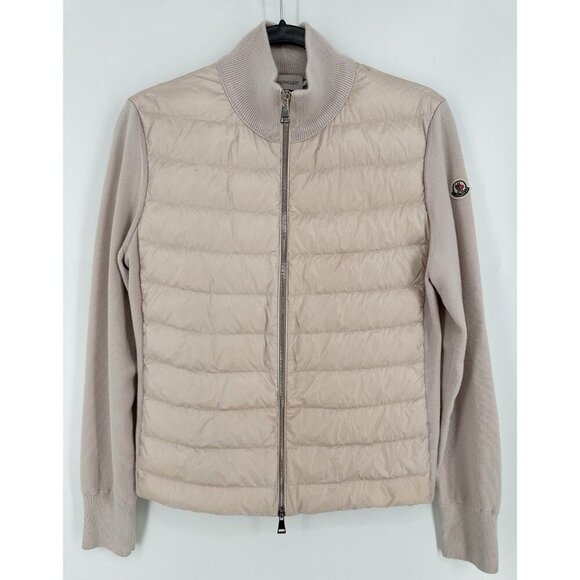 MONCLER Pink Tricot Wool Down Quilted Panel Cardigan Jacket Women’s M Read - Picture 1 of 16